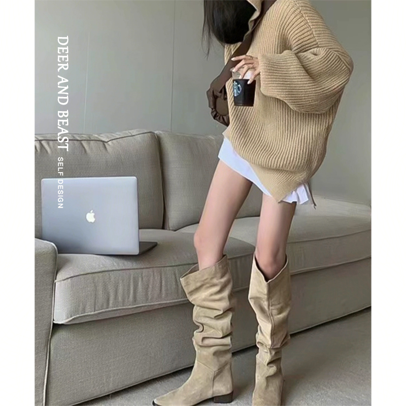 超火绝美早秋堆堆靴女复古褶皱