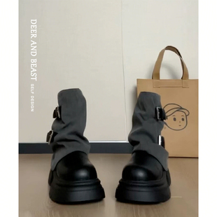 现货版~厚底粗跟内增高堆堆短靴女2025新款真皮裤管靴西部骑士靴