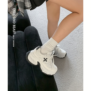 2025新款十字花厚底老爹鞋女增高显瘦运动休闲小白鞋真皮休闲鞋子