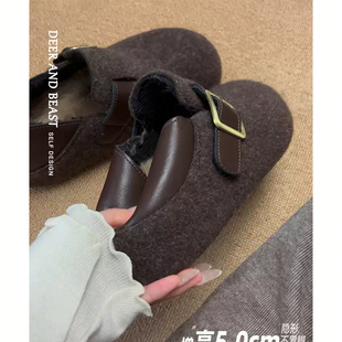 现货版~厚底内增高加绒勃肯鞋女全包2025秋冬新款真皮两穿毛毛鞋