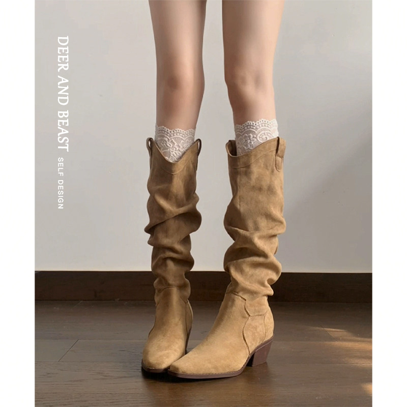 牛皮版~2025新款褶皱堆堆靴女复古绒面西部靴v口显瘦不过膝长筒靴,女鞋,时装靴,淘宝优惠券,粉丝福利购,淘宝优惠卷