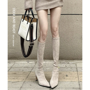 2025新款冬巨好看长靴女弹力高跟尖头高筒显瘦细跟绒面瘦瘦长筒靴