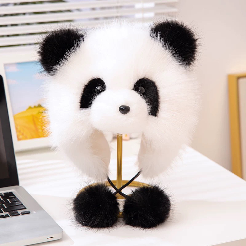 仿水貂毛绒大熊猫帽子秋冬天女护耳帽儿童小熊帽成都熊猫基地同款