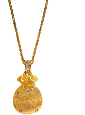 中古拉丝仿点钻小福袋金色项链金色简约项链百搭新中式新款中古女