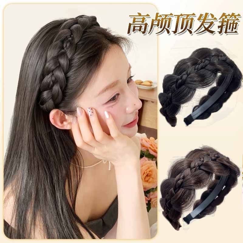 夹心鱼骨辫增高颅顶仿真仿全真人发葫芦辫女鱼骨辫发箍新款宽发箍