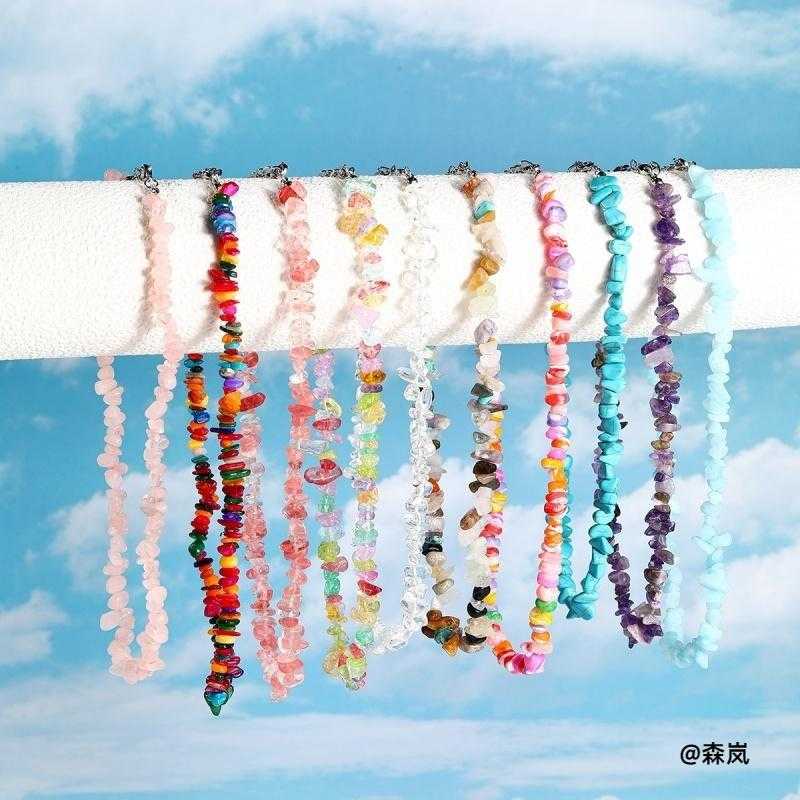 外贸欧美项饰 波西米亚彩色碎石ins项链女石项链夏季饰品