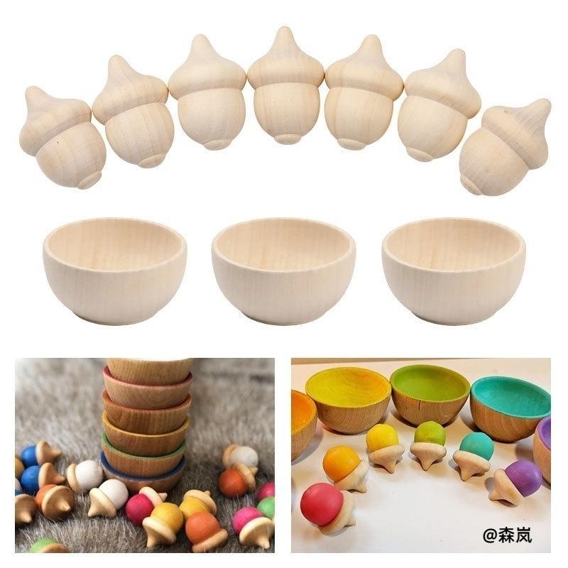 无漆原木橡果木碗摆件儿童创意涂鸦彩绘玩具手工制作木质白胚配件图片