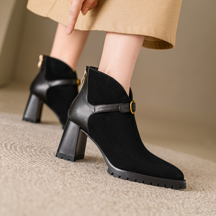 粗跟棕色短靴女秋冬磨砂皮复古方头高跟马丁靴皮带扣后拉链及踝