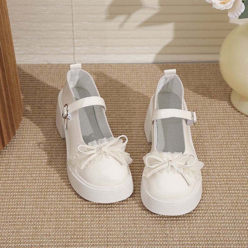 2025春秋新款蝴蝶结增高玛丽珍鞋女高跟浅口单鞋粗跟配裙子小