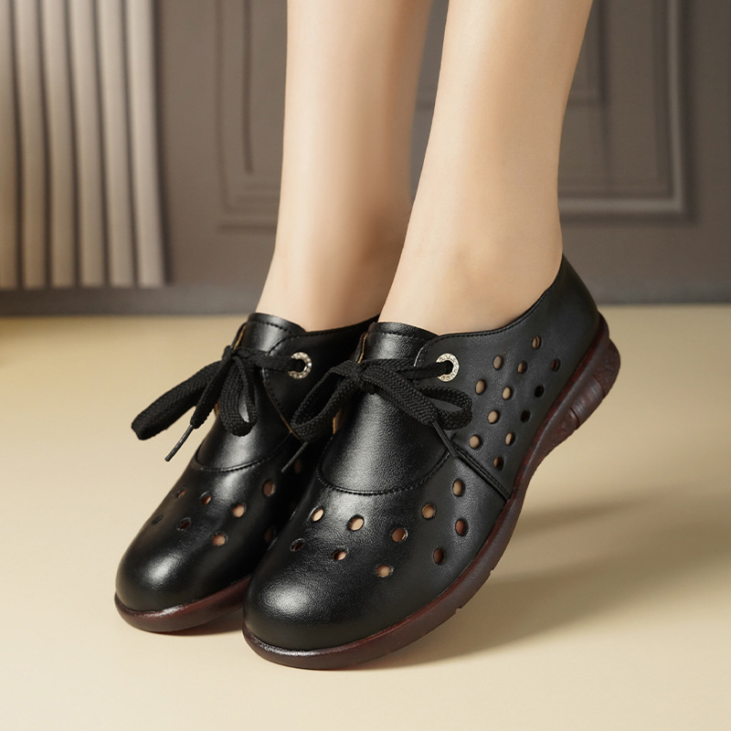 夏季真皮透气镂空单鞋深口系带内增高女鞋圆头白色大码皮鞋洞洞鞋