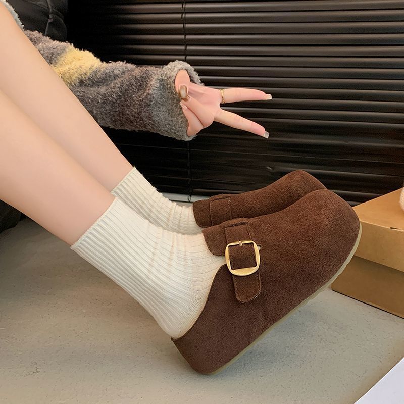 厚底内增高勃肯鞋加绒包头半拖鞋女外穿2025新款秋冬复古毛毛棉拖