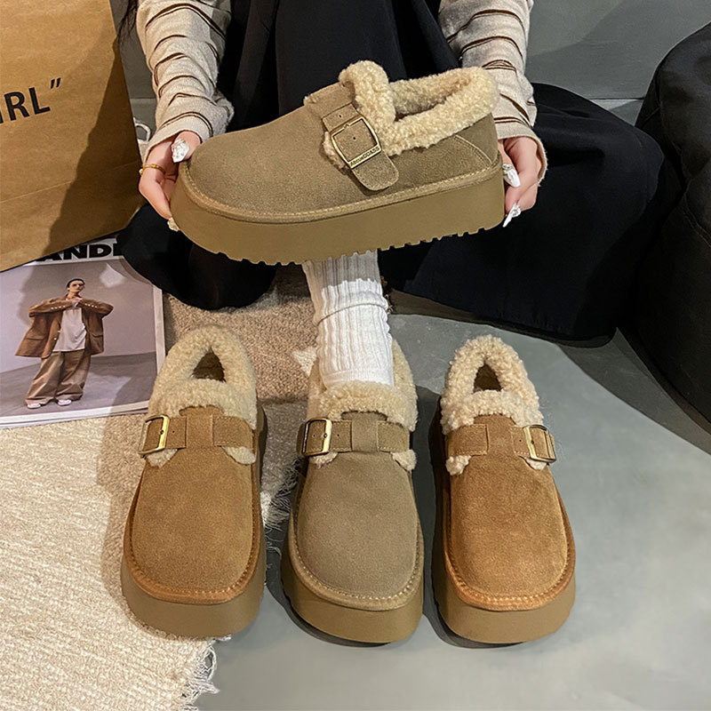 厚底全包勃肯鞋女2025冬季新款加绒保暖一脚蹬毛毛乐福鞋东北棉鞋