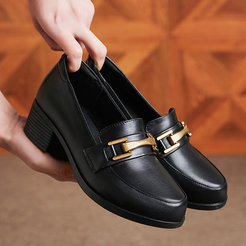春季新款百搭真皮乐福鞋中跟皮鞋女士软皮粗跟单鞋软底鞋子妈妈鞋
