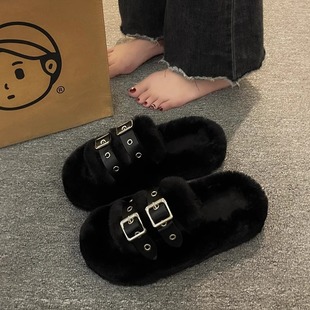 韓版 網紅毛毛拖鞋 外穿女2024秋季 新款 ins潮黑色厚底百搭休閑拖鞋