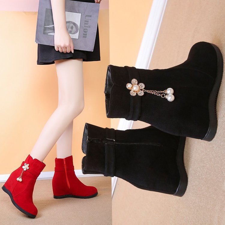 女靴中筒靴女冬内增高坡跟马丁靴中跟2024新款韩版大码女鞋拉链靴