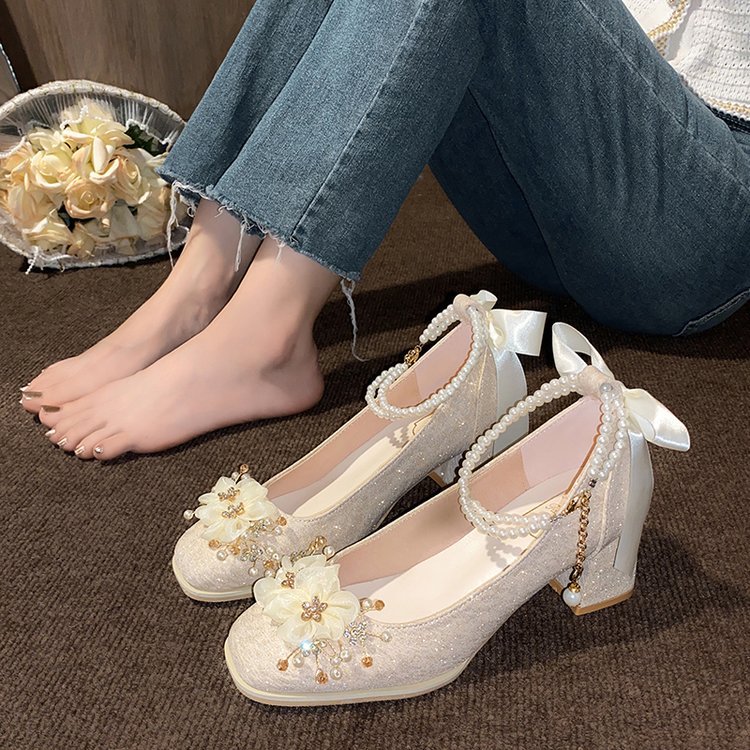 秀禾婚纱两穿新娘鞋2025新款粗跟高跟鞋法式玛丽珍鞋女单鞋订婚鞋