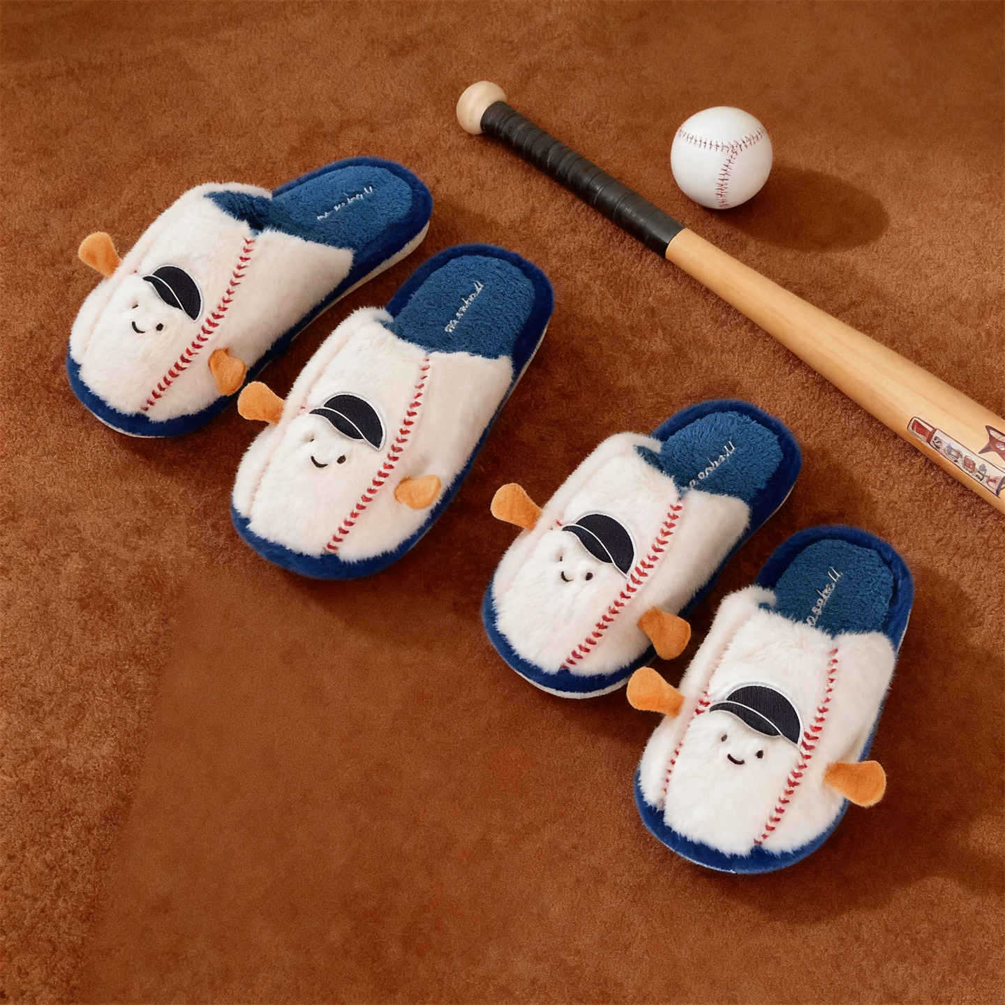 可爱棒球毛毛拖鞋女冬季新款室内居家软底防滑加绒保暖包头棉拖鞋