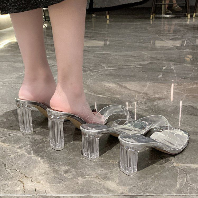 透明高跟鞋女2025新款银色水晶跟拖鞋女外穿粗跟凉鞋女款夏季