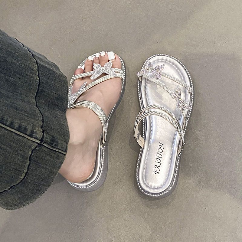 蝴蝶水钻凉鞋女外穿2025年夏季新款多巴胺时尚休闲百搭松糕一字拖