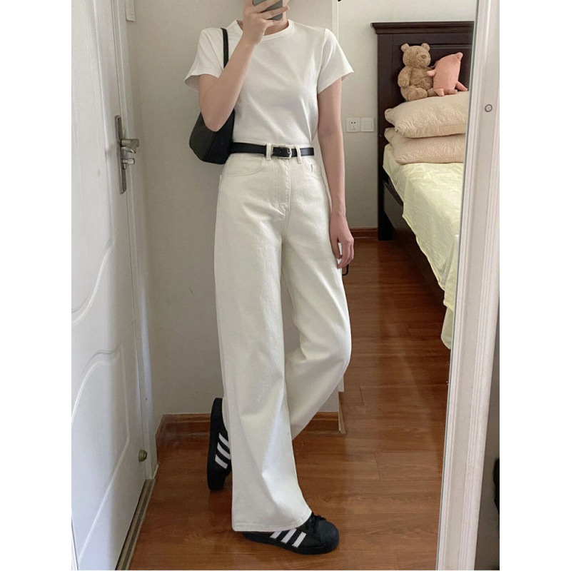 高级简约白宽松直筒牛仔裤女小个子秋冬新款显瘦垂感窄版阔腿裤子