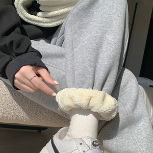 加绒加厚羊羔绒运动裤女秋冬季2023新款灰色学生束脚裤小个子卫裤