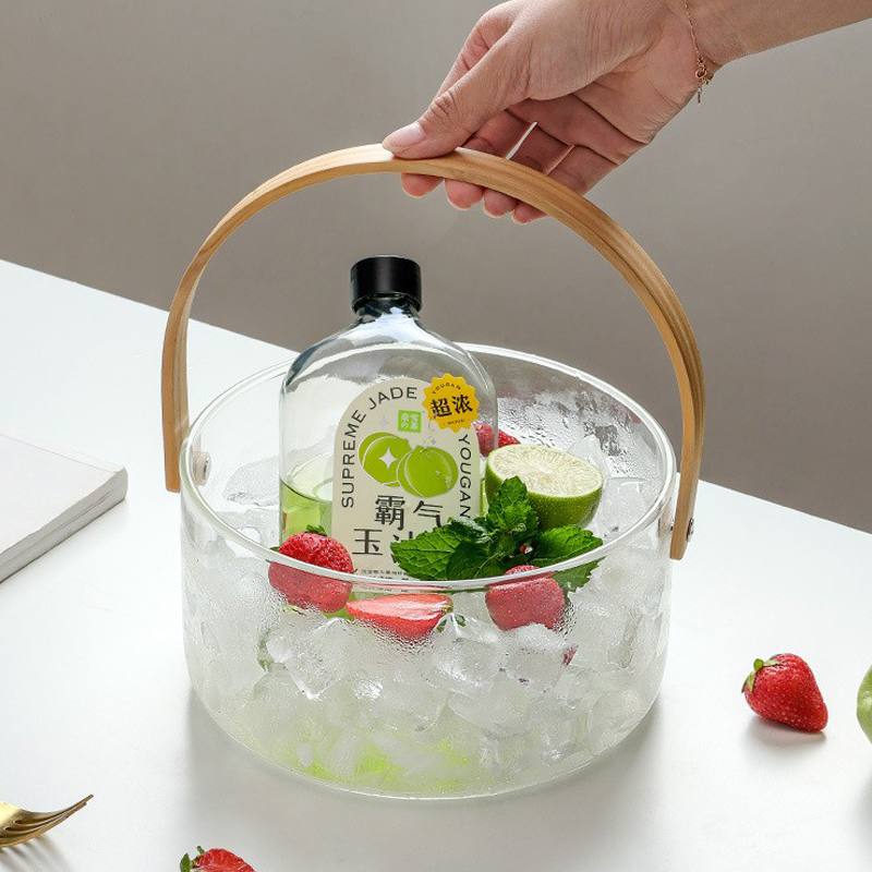 露营手提玻璃盆家用水果盘提篮饮料红酒桶茶桶高硼硅带盖木勺容器