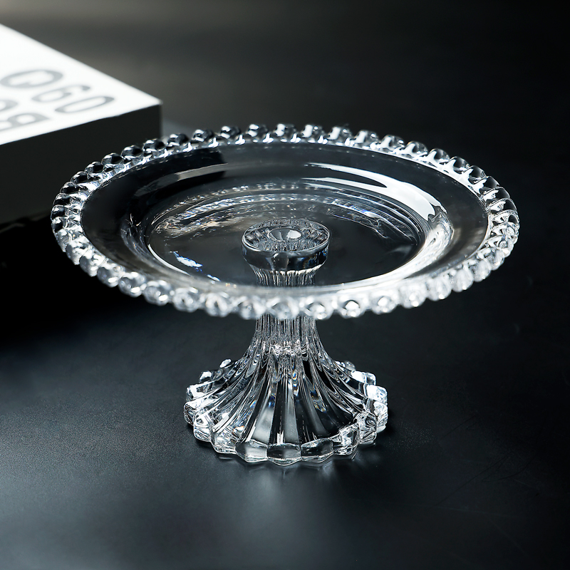 创意珠点花边水晶玻璃高脚水果盘客厅餐桌茶点盘糖果零食点心盘