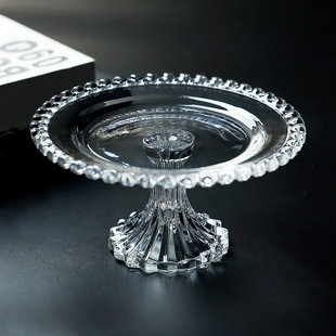 创意珠点花边水晶玻璃高脚水果盘客厅餐桌茶点盘糖果零食点心盘