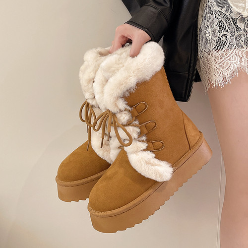 42码韩版长筒厚底时尚雪地靴女冬季皮毛一体加绒保暖毛绒系带棉靴