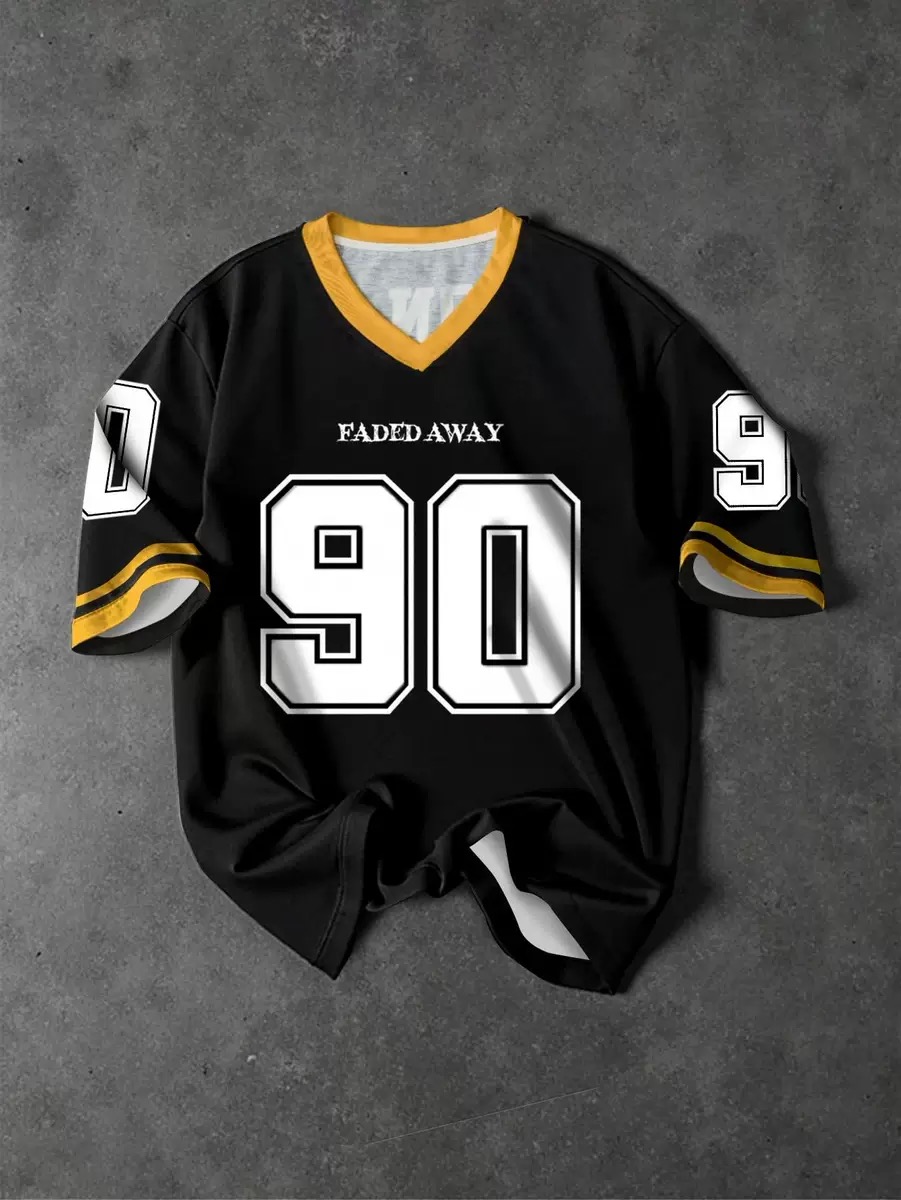 Y2K新复古No.90男士印花t恤v领短袖足球运动衬衫大宽松短袖上衣