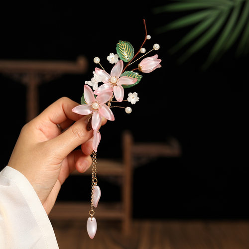 粉色古风琉璃花流苏侧边发夹汉服