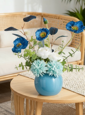 蓝白陶瓷仿真花瓶家居摆件
