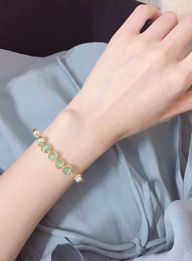 韩版手工编织手链女夏14K注金粉晶猫眼石高级感天然淡水珍珠手饰