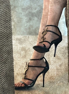 黑色一字带高跟鞋女杨树林御姐风漆皮性感露趾字母徽标细跟凉鞋