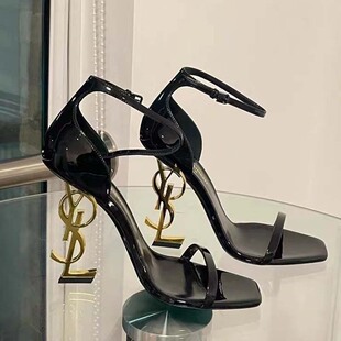 黑色一字带凉鞋女细跟杨树林御姐风黑色漆皮方头性感字母高跟鞋