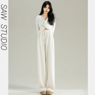 米白色休闲阔腿裤 高腰宽松垂感显瘦直筒拖地长裤 SAW 女春季 新款