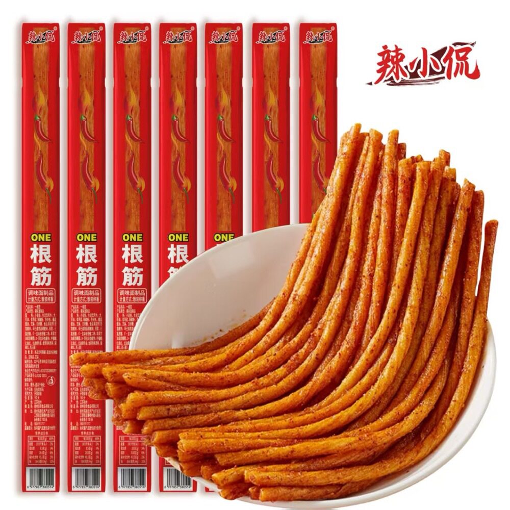 一根筋辣条香辣素牛筋独立小袋装即食休闲追剧怀旧童年小零食解馋