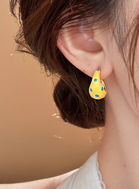 s925纯银黄色波点c形半圆耳钉女高级气质耳环2025年新款爆款耳饰