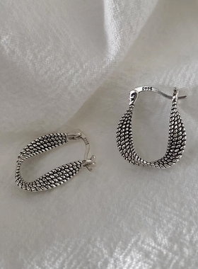 S925纯银麻花耳环女泰银做旧复古小众独特设计简约气质个性耳扣钉