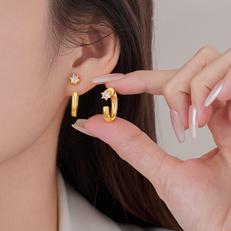 锆石C形耳环女2025年新款耳钉