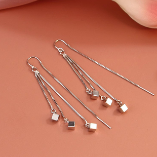 s925银几何小方块耳线女日韩简约气质高级感显脸瘦长款流苏耳环夏