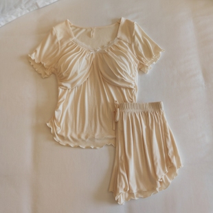两件套薄款 莫代尔睡衣女款 短裤 春夏季 甜美纯欲风带胸垫家居服 短袖