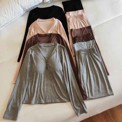 莫代尔睡衣女春秋冬带胸垫家居服