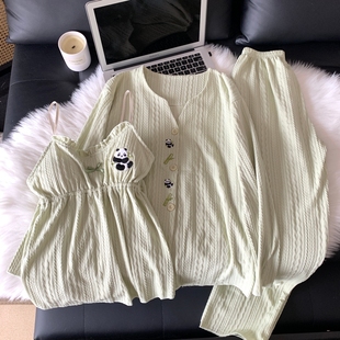 卡通可爱熊猫睡衣女秋冬季蝴蝶结吊带开衫长袖三件套带胸垫家居服