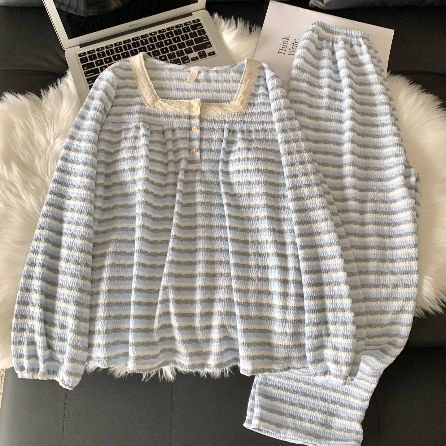 带胸垫睡衣女春秋冬条纹风家居服