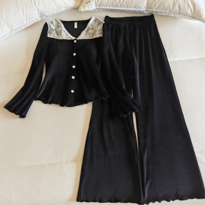 海岛绒睡衣女春秋冬带胸垫家居服