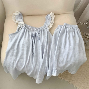 两件套薄款 睡衣女款 短裤 夏季 花边甜美可爱公主风带胸垫家居服 短袖