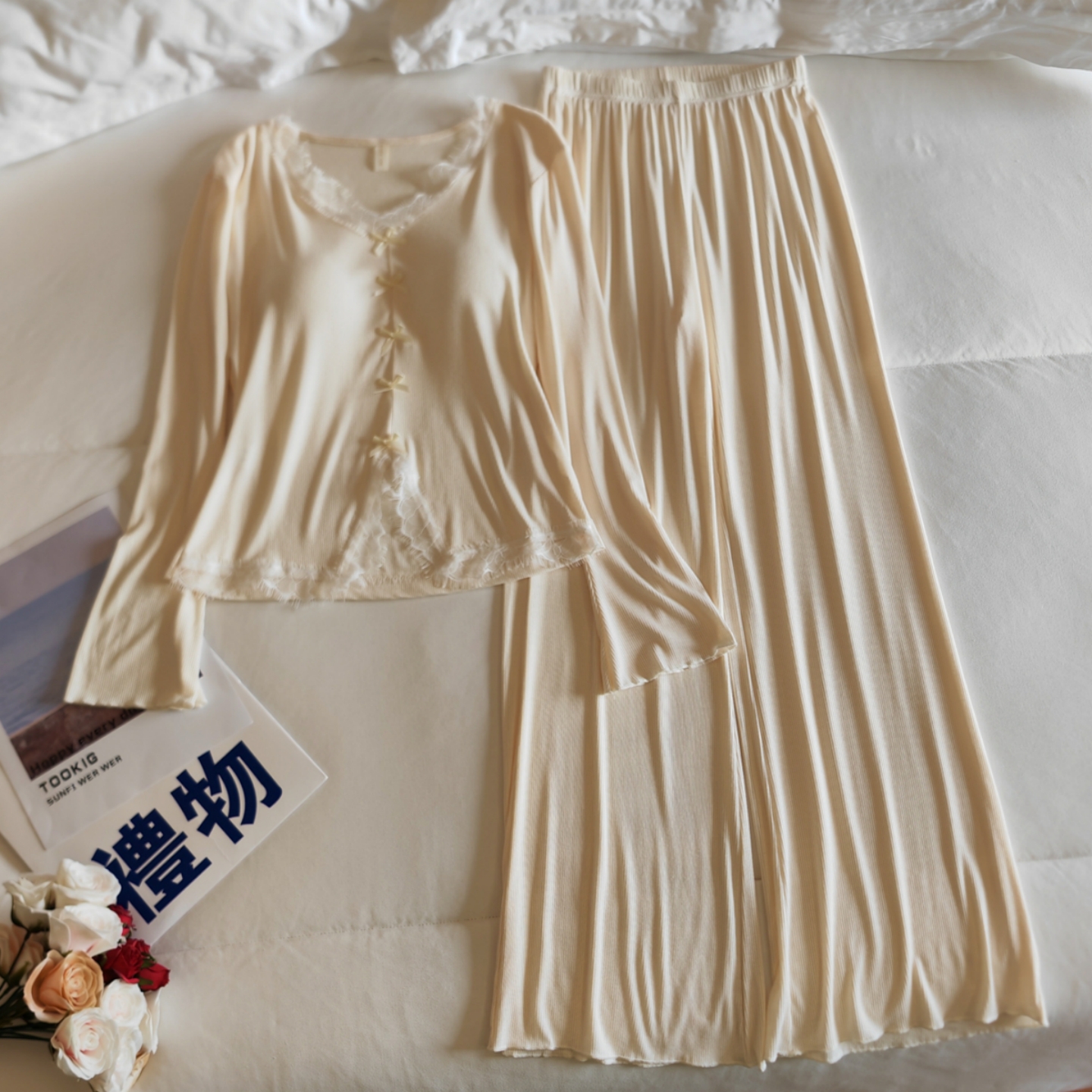 莫代尔睡衣女春秋季带胸垫家居服