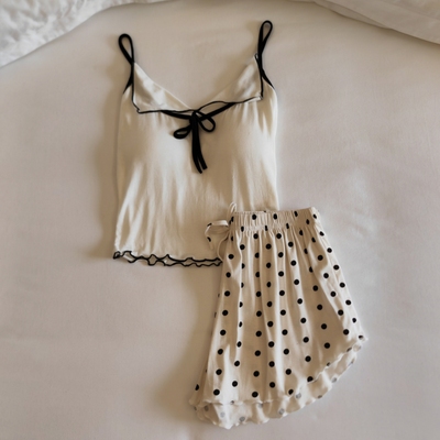 莫代尔睡衣女夏季吊带背心短裤两件套甜美波点少女感带胸垫家居服