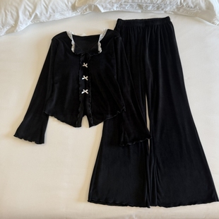 双面绒睡衣女春秋冬季长袖长裤软绵绵保暖带胸垫一体家居服可外穿